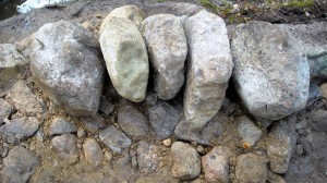 Kolme litteää pystyssä, pyoreämmät kivet tukevat reunoilla. Toisessa kivessä oikealta on 'häntä'. Se osoittaa muurin taustaan.